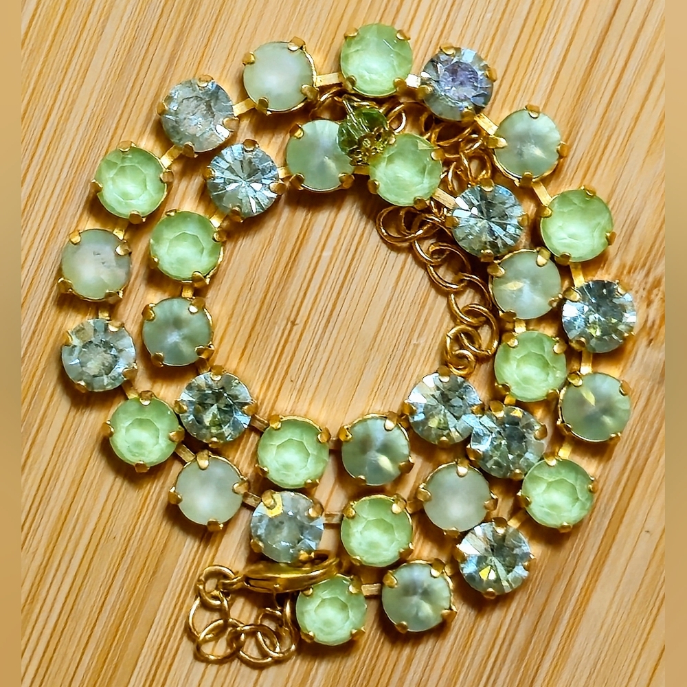 Green Peridot Pastel Colored Swarovski Crystals In Handmade Gold Plated Necklace